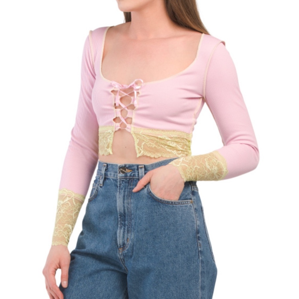 Long Sleeve Lace Trim Crop Top